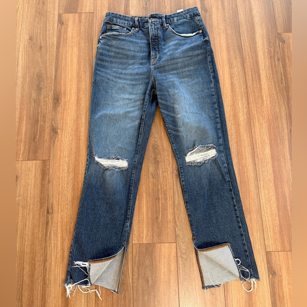 Good American Dark Blue Distressed Straight Leg Jeans like new